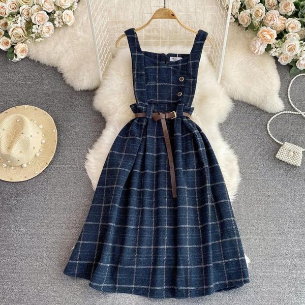 Casual Kleider Gürtel Plaid Wollmischung Taschen Trägerkleid Damen Elegant Frühling Herbst Koreanisch Verdicken Damenbekleidung Marineblau