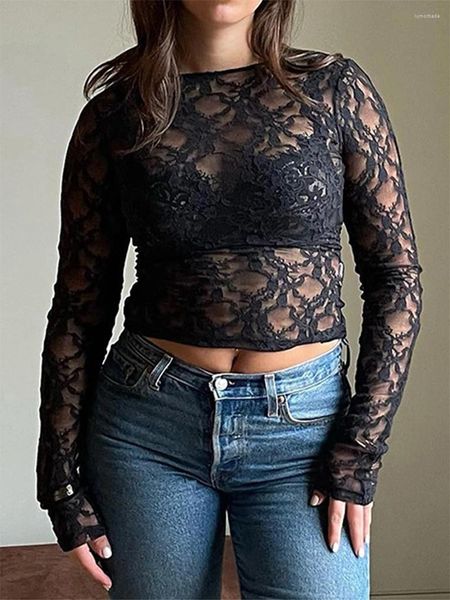 Mulheres camisetas Moda Mulheres T-shirt Manga Longa Barco Pescoço See-Through Lace Tops Slim Sheer Clubwear Pele Amigável