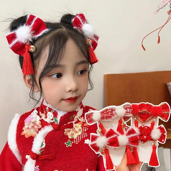 Acessórios de cabelo Red Bow Pins Children's Headdress Tassel Hairclip Natal Ano Coreano Clipes para Mulheres Meninas