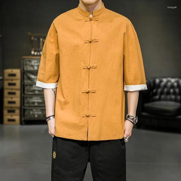 Camisas casuais masculinas estilo japonês camisa verão chinês levante-se colarinho yukata quimono samurai desgaste cor bloqueando camiseta hanbok casaco