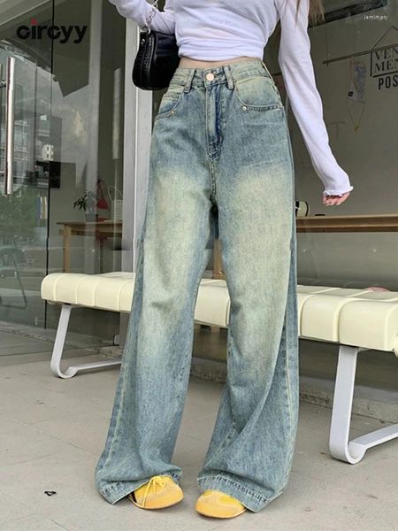 Kadınlar Kot pençeli kadınlar yüksek bel 2023 Sonbahar Mavi Düğmesi Geniş Bacak Tam Bacak Denim Pantolon Gevşek Sokak Giyim Vintage Pantolon