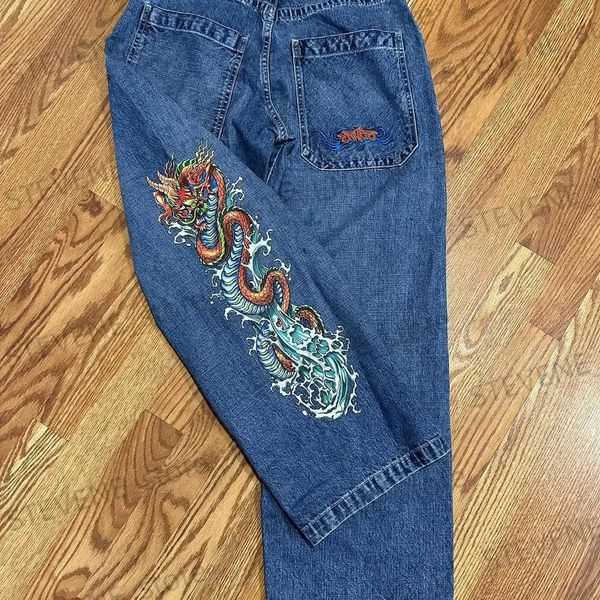 Erkekler Kot Kadın Kot Street Giyim Jnco Harajuku Hip Hop Dragon Grafik Baskı Retro Mavi Bol Kot Pantolon Gotik Yeni Yüksek Bel Geniş Pantolon T231121