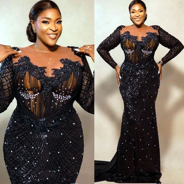 Plus Size Aso Ebi Party Prom Dress Mangas Compridas Elegante Sereia Noite Aniversário Vestidos de Menina Negra Estilo Árabe Africano Vestidos Formais Sheer Neck Lace Frisado ST256