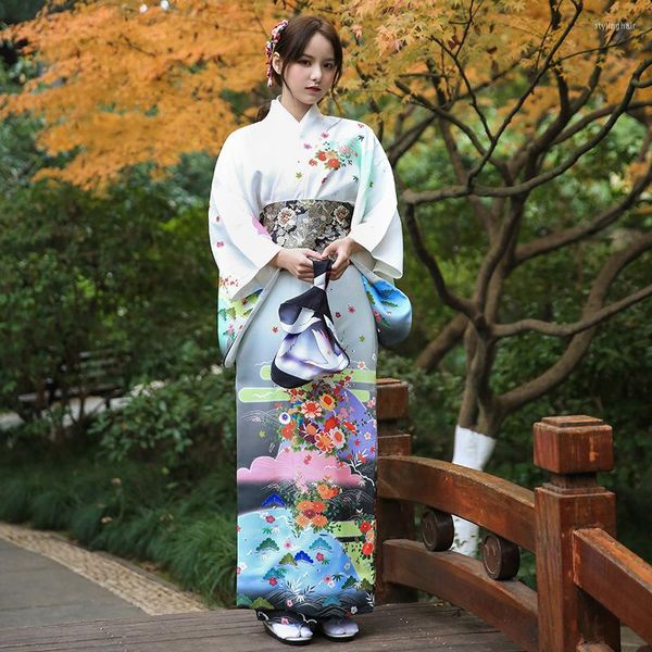 Этническая одежда Женщины Япония традиционное кимоно с Obi красивые цветочные принты Классическая юката исполняющая одежда косплей костюм вечернее платье