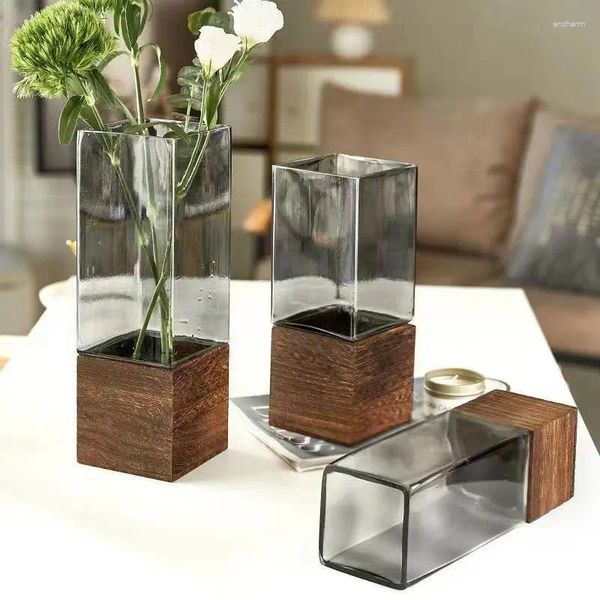 Vasos criativo simples base de madeira artesanal vaso de vidro cilindro reto primário decoração doméstica varanda mesa flor organizador