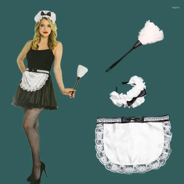 Fontes de festa feminino cosplay traje de empregada francesa adereços avental branco pena espanador bandana halloween masquerade fantasia uniforme acessórios