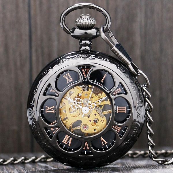 Pocket Watches Luxury steampunk mecânica relógio prateado/preto aço oco de aço de aço da mão homens homens homens pendentes com cadeia de aniversário GiftSpocket