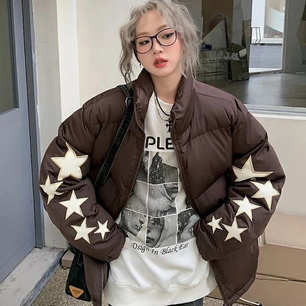 Pelliccia sintetica da donna Y2K Marrone scuro Caffè Stelle Adesivi Ricamo Parka Cappotto Cotone spesso Giacche oversize Uomo Donna Hip Hop Americano Streetwear 231121