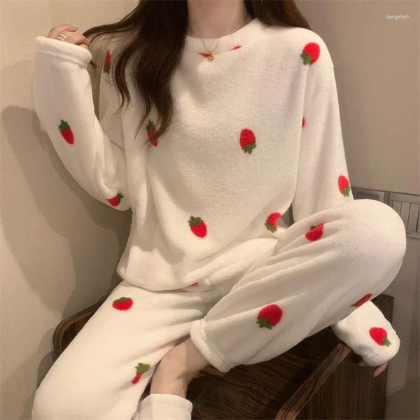 Mulheres sleepwear morango flanela pijama para mulheres quente sono terno coral veludo usar roupas domésticas outono inverno engrossado kawaii