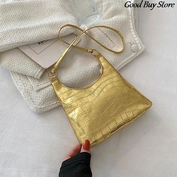 Bolso de lujo para mujer, bolsos de cuero, bolsos de fiesta de noche, bolso de hombro con patrón de cocodrilo, bolsos dorados para mujer, marca de moda para axilas