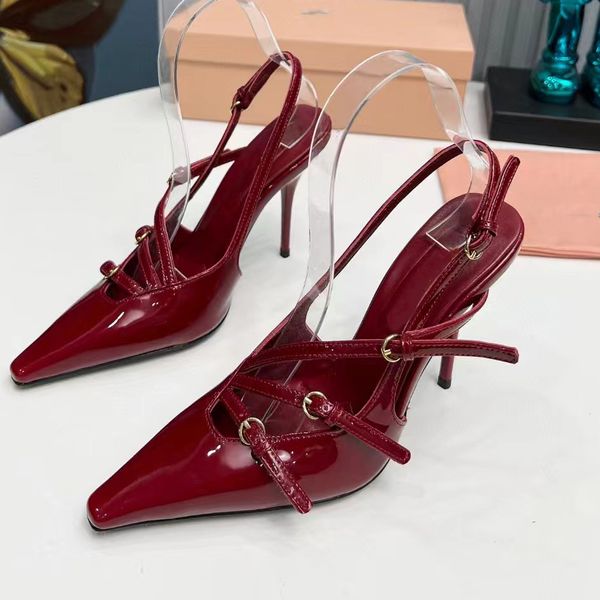 Slingbacks elegantes mulheres verdadeira fivela de cinto casual 10cm sandálias de salto alto moda luxo designer sapatos apontou clássico sandália slides sapatos de festa