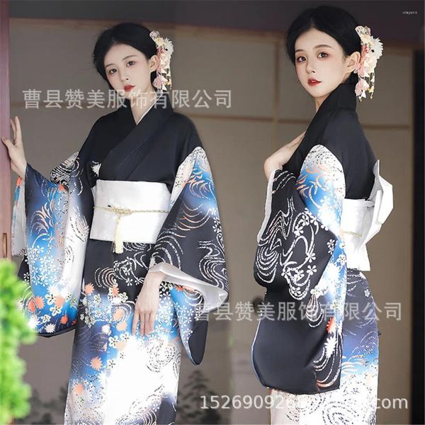 Roupas étnicas Traje Tradicional Japonês Elegante Vestido Feminino Preto Melhorado Po Pogal Yukata Cosplay Onda Impressão Kimono Roupas