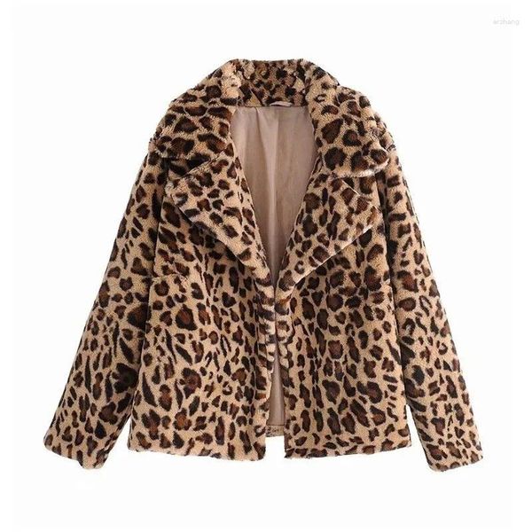 Casaco feminino de pele com estampa de leopardo, casaco falso de inverno curto solto e grosso 2023 europeu americano sexy mangas compridas