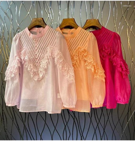 Frauen Blusen Hohe Qualität Chiffon 2023 Herbst Winter Tops Frau Sexy Rüschen Spitze Patchwork Langarm Rosa Aprikose Rote Bluse weibliche