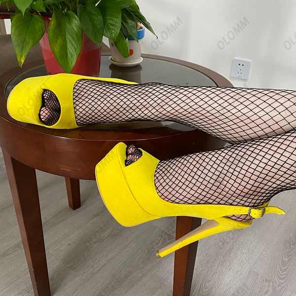 Olomm sandali con plateau da donna fatti a mano in pelle scamosciata sexy tacchi a spillo peep toe giallo fucsia rosa scarpe da festa rosse US Plus Size 5-20