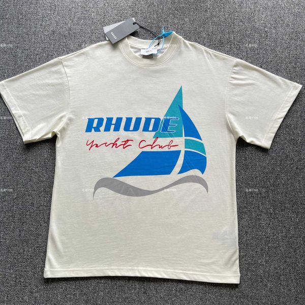 Дизайнерская модная одежда Футболки Футболки Rhude Summer Blue Sailing Banner Print Модные уличные мужские и женские свободные футболки с коротким рукавом Топы Хлопковая уличная одежда