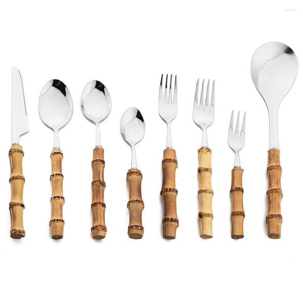 Conjuntos de utensílios de jantar jankng espelho prateado bambu alça de mesa 304 talheres de aço inoxidável faca de madeira faca de faca de cozinha colher de chá de cozinha