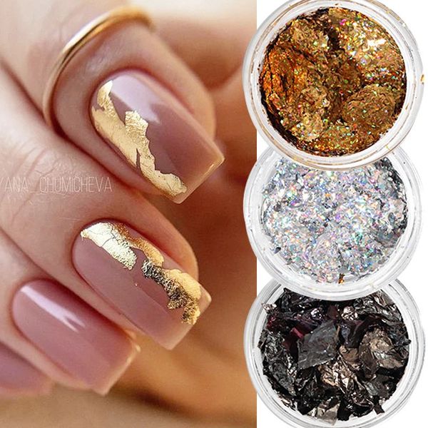 Pós acrílicos líquidos lantejoulas de folha de alumínio para unhas ouro prata irregular brilho flocos espelho cromo pó manicure decorações de inverno 231120