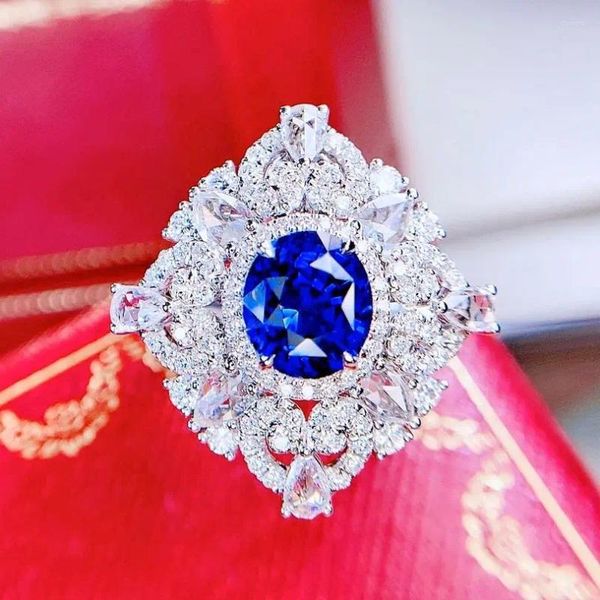 Anelli a grappolo Anello con zaffiro blu HJY da 3,05 ct, vero oro 18 carati, pietra preziosa reale non riscaldata, diamanti, pietra femminile