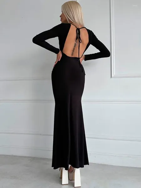 Abiti casual 2024 Abbigliamento donna Backless Lace-up Abito nero Streetwear Elegante Lady O-Collo Manica lunga Tuniche Vita alta Slim Party