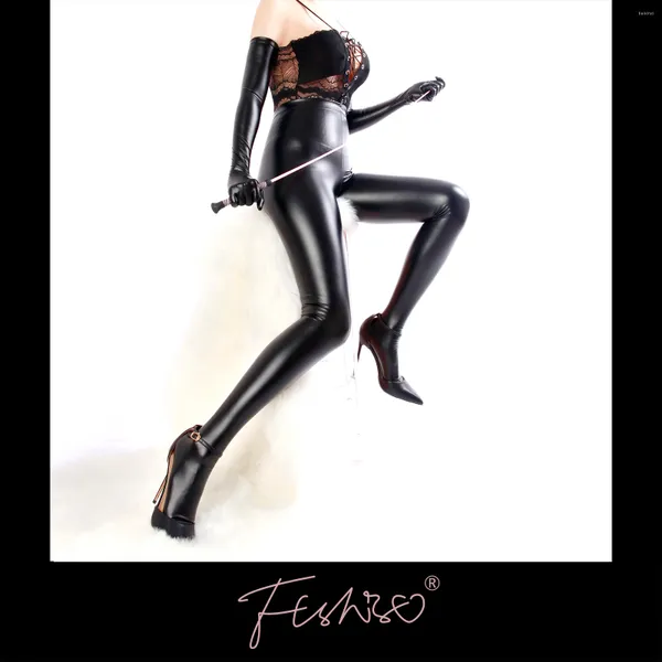 Ftshist Damen-Strumpfhose aus mattem Kunstleder mit hoher Taille, sexy transparente schwarze Wetlook-Hose mit elastischem Fuß, Fetisch-Klebe-Dessous-Party