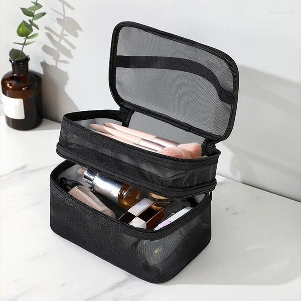 Sacos cosméticos s luxo claro saco de maquiagem malha organizador transparente viagem lavagem beleza caso kit de higiene pessoal