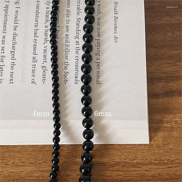 Correntes 3mm 4mm 6mm Authentic 925 Sterling Silver Black Ágata Round Strand Colar Power Jewelry C-B1134