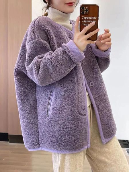 Женские куртки, женская одежда, осенне-зимняя плюшевая куртка с v-образным вырезом, корейская мода, пальто из овечьей шерсти, таро, фиолетовое, однотонное, теплое 231120