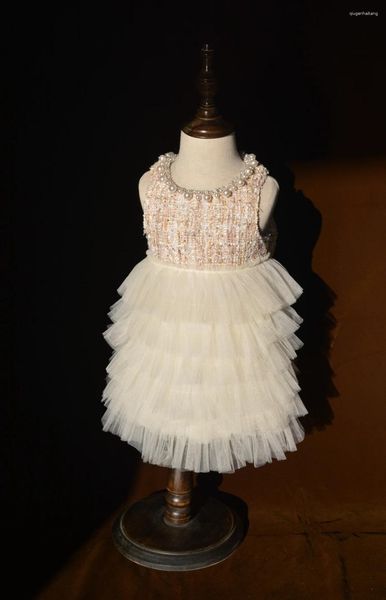 Abiti da ragazza all'ingrosso Baby Lace Pearl Cake Vest Dress Princess Puffy Maxi Paillettes Tulle di lana Costumi Matrimonio Compleanno