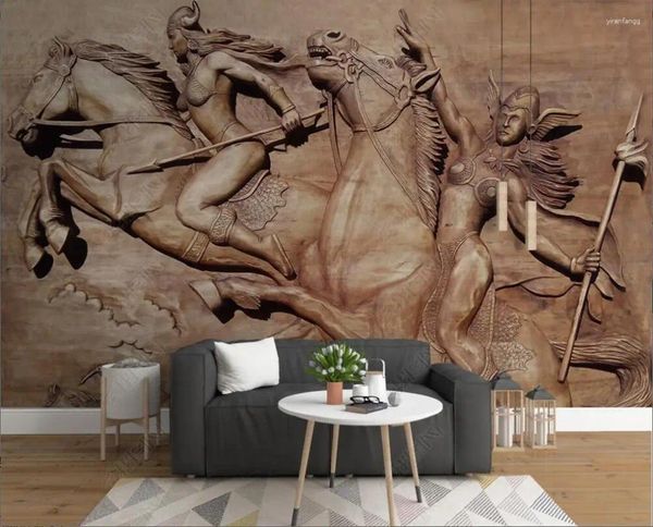 Wallpapers personalizado mural 3d po papel de parede europeu-estilo alívio guerreiro cavalo galopando pintura decoração de casa para sala de estar