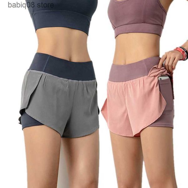 Ioga roupa de yoga feminino shorts de moto-camada de camada dupla de bolsa de camada dupla executa