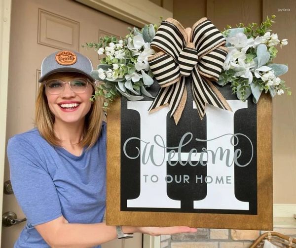 Fiori decorativi Ghirlanda per porta d'ingresso in legno con piante verdi Archi in lino A-Z 26 lettere Cartelli di benvenuto per decorazioni per la casa per interni ed esterni