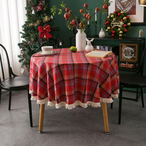 Сторонная ткань Рождественская кофейная крышка пряжа, окрашенная в плед, праздничная свадьба, деко -скатерть американская круглая кисточка для вечеринки