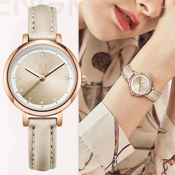 Armbanduhren SHENGKE Mode Frauen Uhren Damen Luxus Lederband Quarz Wasserdicht Sport Armbanduhr Frau Gold Geschenk Uhr