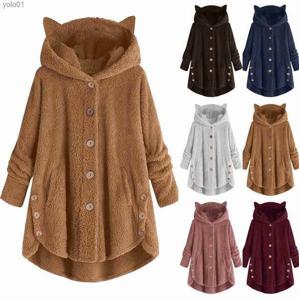 Pelliccia da donna Pelliccia sintetica 2023 Cappotto da donna invernale Plus Velluto Sport invernale Simpatiche orecchie di gatto Con cappuccio Orlo irregolare Bottoni Giacca in pile Cappotto Regalo di NataleL231121