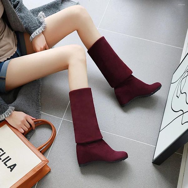 Stiefel mit Keilabsatz, flacher, gefrosteter Flock-Overknee, extragroße Größe, Steigerung der Winterwärme, japanische Socke 2023