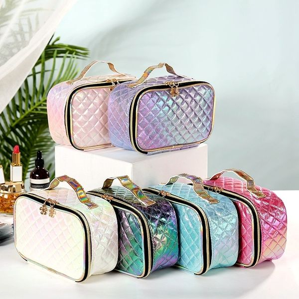 Косметические сумки корпусы мода портативная косметическая косметическая сумка для макияжа. Случайная квадратная решетка Женщины хранение 230421