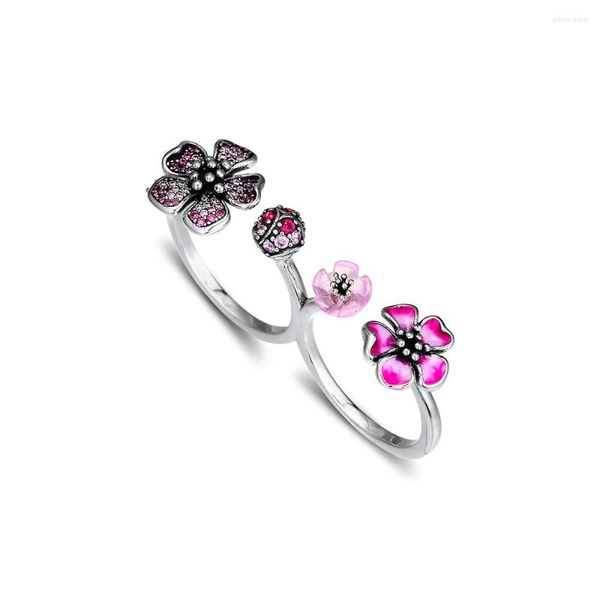 Cluster Ringe 925 Sterling Silber Ring Pfirsichblüte Blume passt ZWEI Finger für Frauen Hochzeit Anillos Mujer