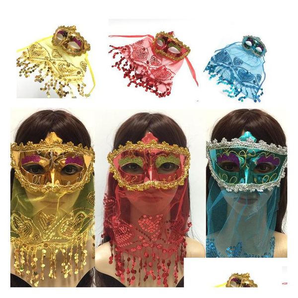Máscaras de festa Halloween Christmas Mask Belly Dance Childrens Anual Masquerade ADT Get Together Indian Style com Veil Gold Powder seq dhzvg