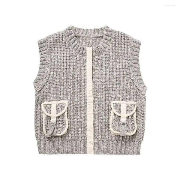 Maglioni da donna Moda donna Cuciture tascabili Gilet lavorato a maglia Maglione Vintage senza maniche O-Collo All-match Gilet femminile casual Top chic