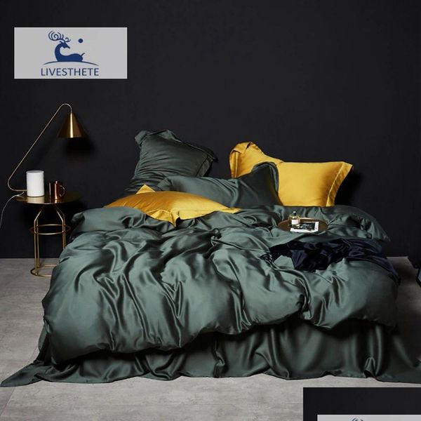 Conjuntos de cama Livesthete verde escuro 100% conjunto de seda saudável puro luxo rainha rei edredão er folha plana fronha roupa de cama drop entrega dhl4a