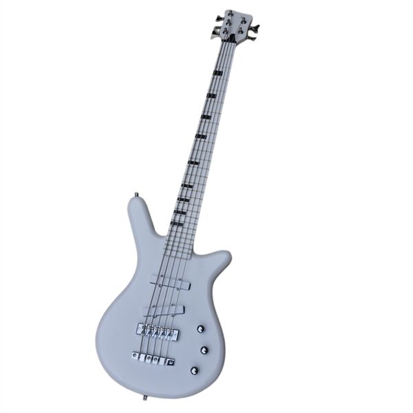 Weiße 5-saitige E-Bass-Gitarre mit schwarzen Blockeinlagen Angebot Logo/Farbe anpassen