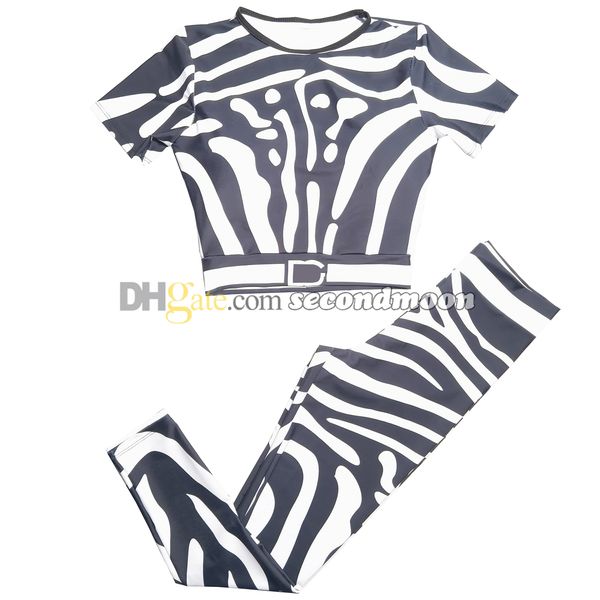 Kurzarm-T-Shirt für Damen, Zebra-Druck, Leggings, elastische Taille, Sporthose, Outdoor-Jogging, Fitnessbekleidung