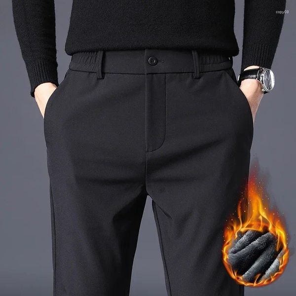 Pantaloni da uomo uomini addensano il pile foderato e elastico caldo elastico pantaloni per esterni alla moda sottile affari commerciali grigi sussidi per pantaloni maschi