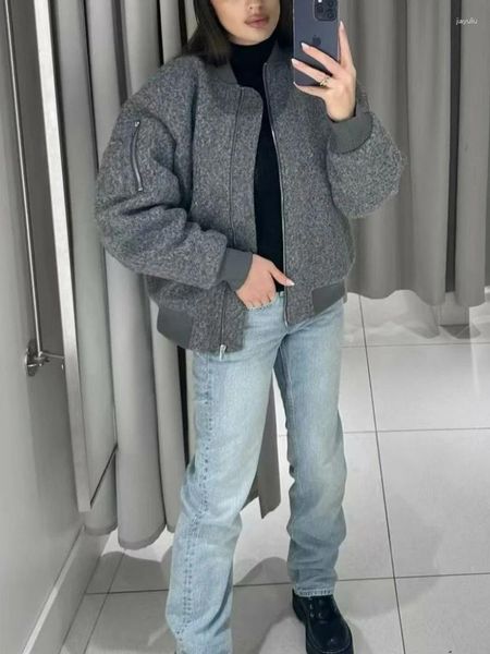 Giacche da donna invernali da donna 2023 cappotto grigio vintage moda coreana abbigliamento tasche casual STAND elegante