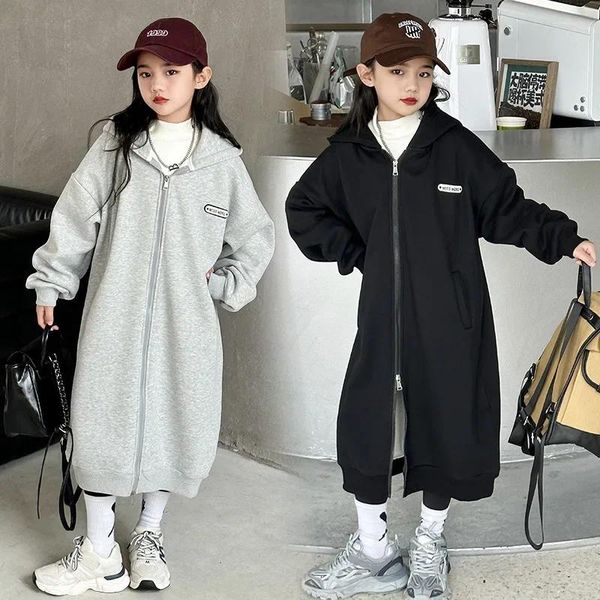 Jacken Mädchen 2023 Plüsch und dicke Kapuzen-Strickjacke koreanische lässige Overknee-Kleid lose lange Jacke