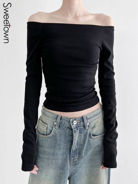 Camiseta feminina Sweetwn Black Soll Slash pescoço elegante tops de manga comprida