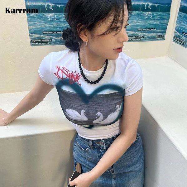 T-shirt feminina Karrram Karram Korean Fashion Crop Tops Y2K Aestéticos Camiseta Grunge Print Fairycore japonês harajuku manga curta camiseta Kawaii 230421