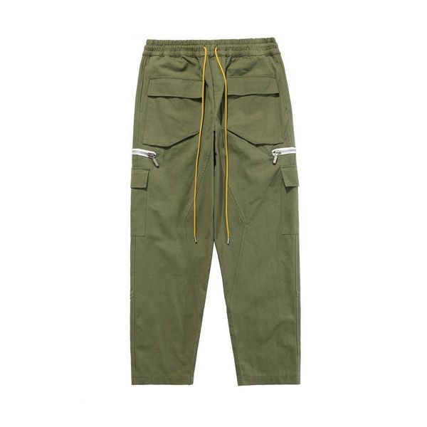 Roupas de grife Calças casuais 2021 Marca de moda Rhude High Street Com vários bolsos e zíper Seios com cordão Ins Calças casuais Streetwear Calças de corrida Calças de moletom