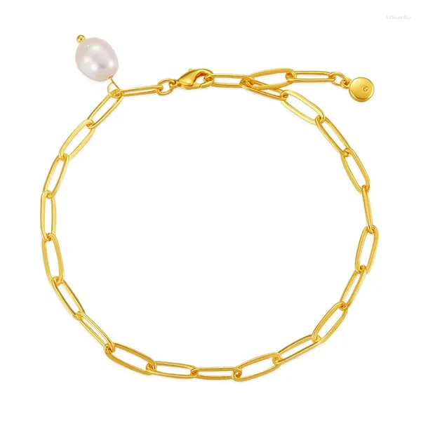 Charm-Armbänder Allme Cool 14 Karat echtes vergoldetes Messing hohle Gliederkette Büroklammer Süßwasserperle für Damen-Accessoires
